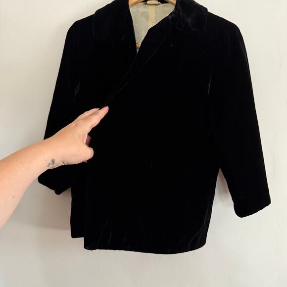 50s Vintage SORORITY HOUSE | Black Velvet 3/4 Sleeve Evening Jacket 12 / Large - Picture 4 of 8